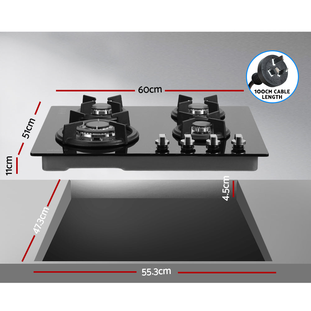 Gas Cooktop 60cm 4 Burner Ceramic Glass Cook Top Stove Hob Cooker LPG NG Black - image2