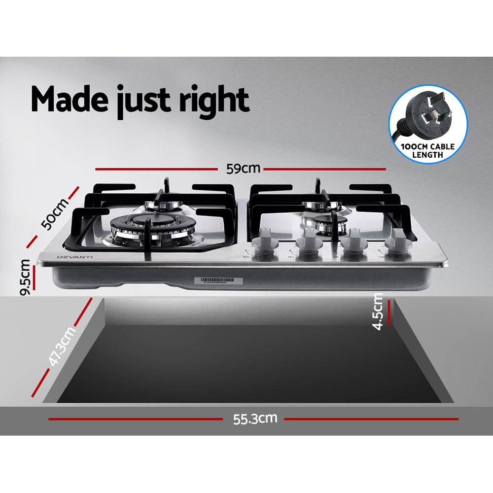 Gas Cooktop 60cm Gas Stove Cooker 4 Burner Cook Top Konbs NG LPG Steel - image2