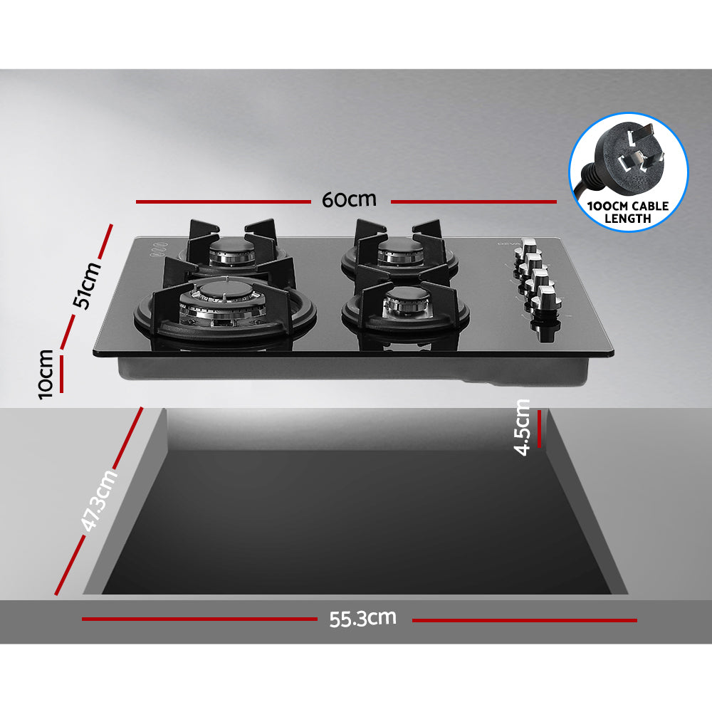 Gas Cooktop 60cm 4 Burner Glass Cook Top Cooker Stove Hob NG LPG Black - image2