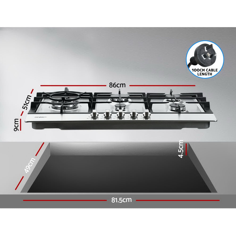 Gas Cooktop 90cm Kitchen Stove Cooker 5 Burner Stainless Steel NG/LPG Silver - image2