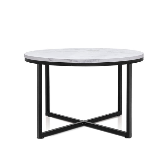 Coffee Table Marble Effect Side Tables Bedside Round Black Metal 70X70CM - image1