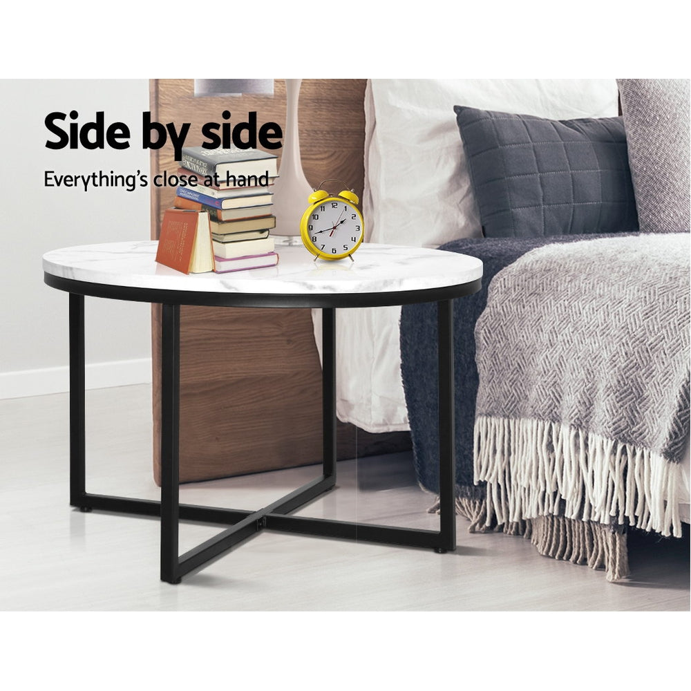 Coffee Table Marble Effect Side Tables Bedside Round Black Metal 70X70CM - image7
