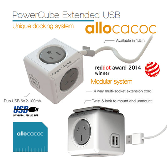 Allocacoc PowerCube Extended USB Powerboard 4-Outlets 2 USB Ports Grey-White 1.5m - image1
