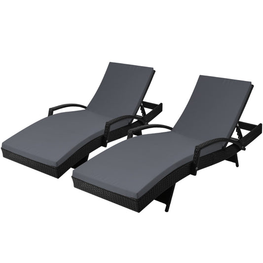 Set of 2 Outdoor Sun Lounge Chair with Cushion - Black - image1