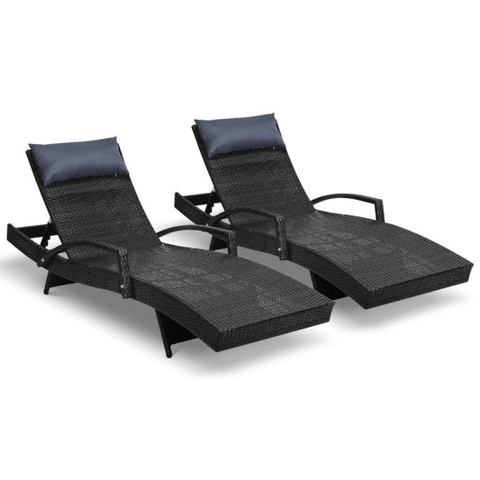Set of 2 Sun Lounge Outdoor Furniture Wicker Lounger Rattan Day Bed Garden Patio Black - image1