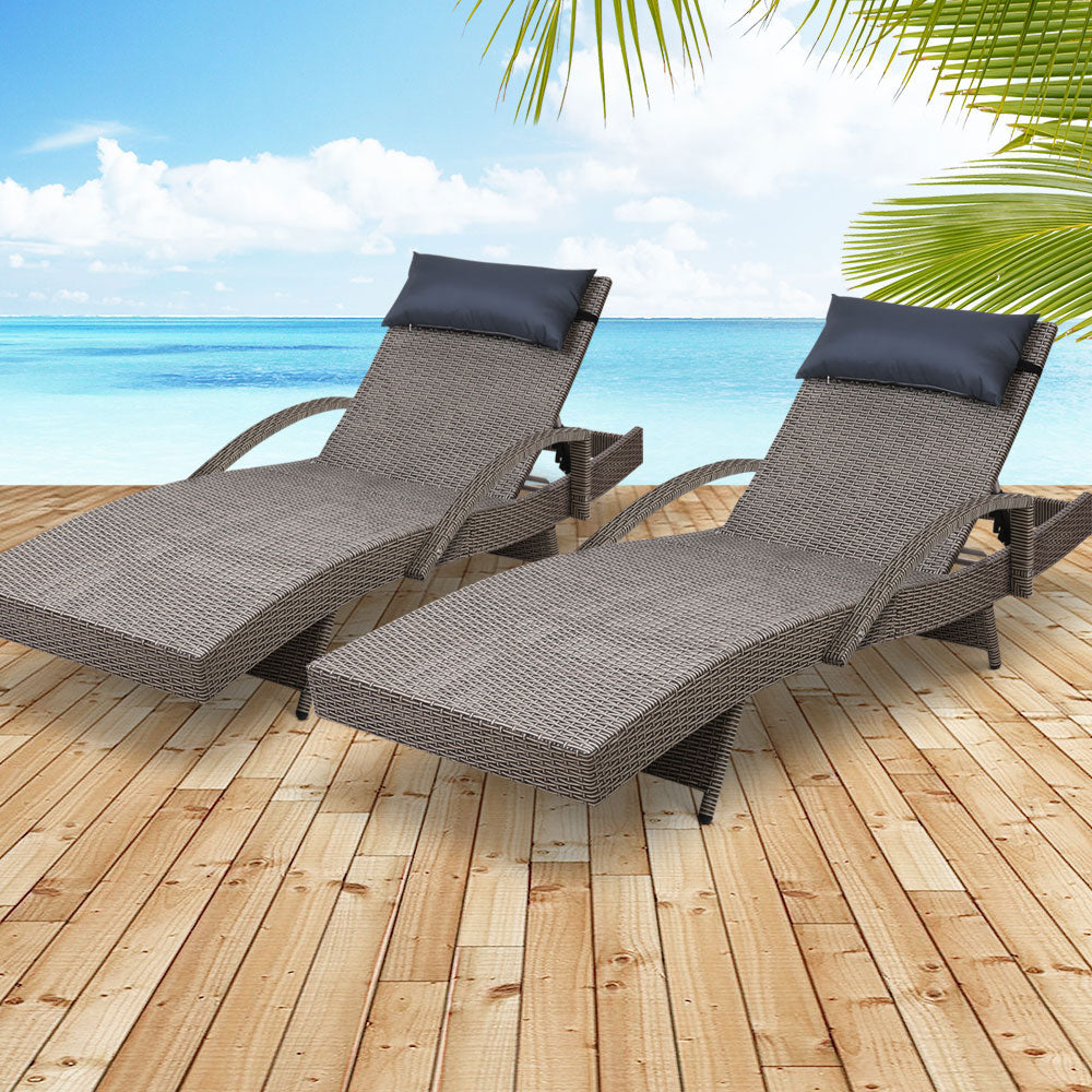 Set of 2 Sun Lounge Outdoor Furniture Wicker Lounger Rattan Day Bed Garden Patio Grey - image7