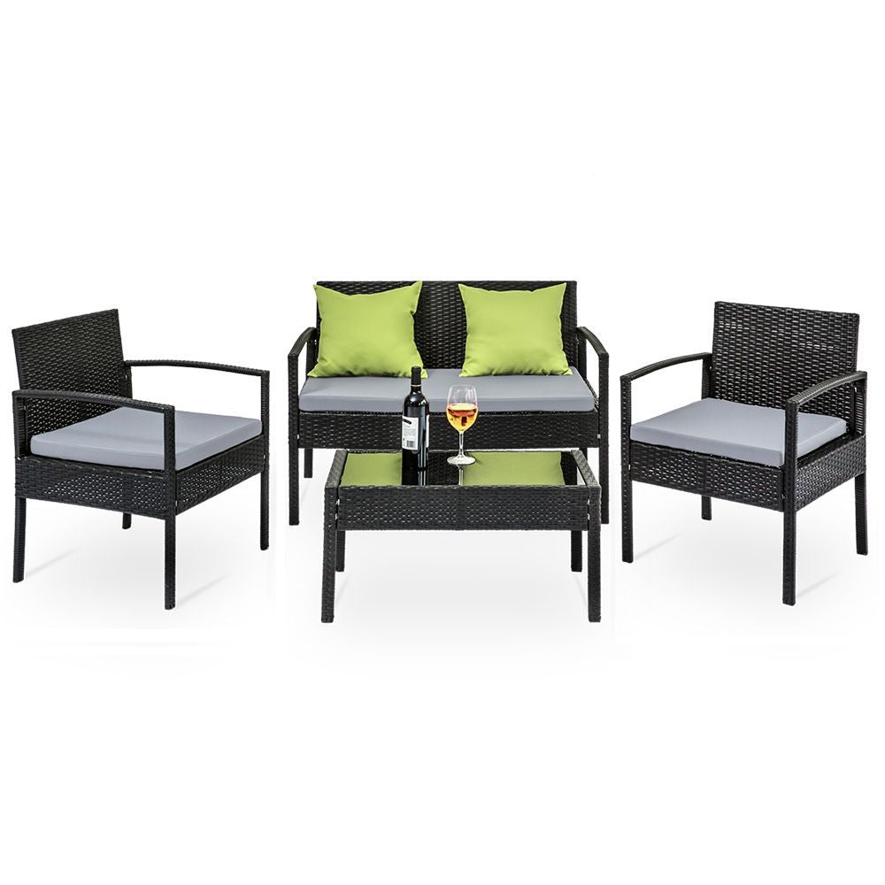 4 Seater Sofa Set Outdoor Furniture Lounge Setting Wicker Chairs Table Rattan Lounger Bistro Patio Garden Cushions Black - image2