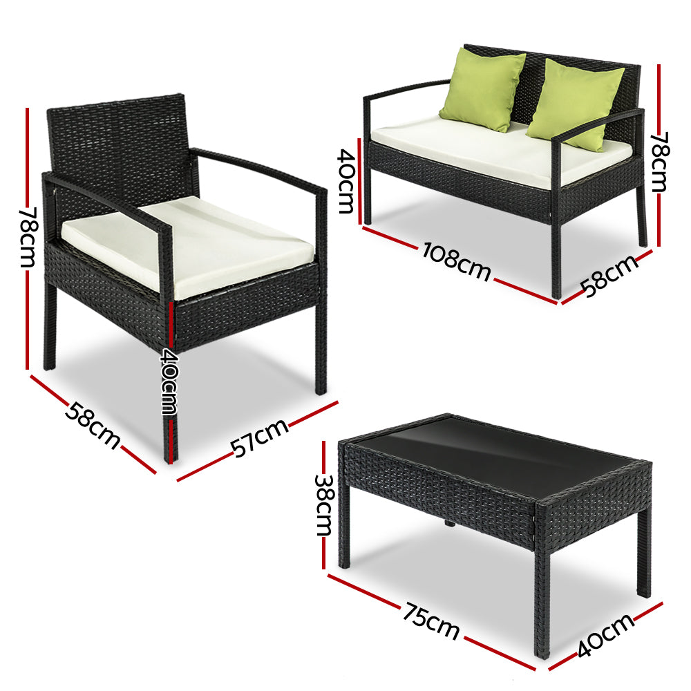 4 Seater Sofa Set Outdoor Furniture Lounge Setting Wicker Chairs Table Rattan Lounger Bistro Patio Garden Cushions Black - image3