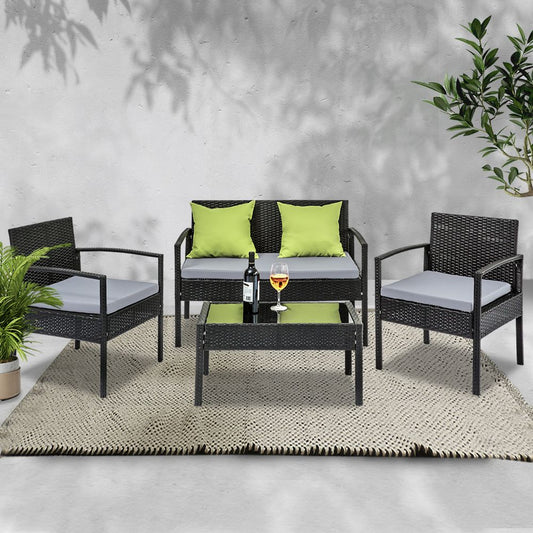 4 Seater Sofa Set Outdoor Furniture Lounge Setting Wicker Chairs Table Rattan Lounger Bistro Patio Garden Cushions Black - image1