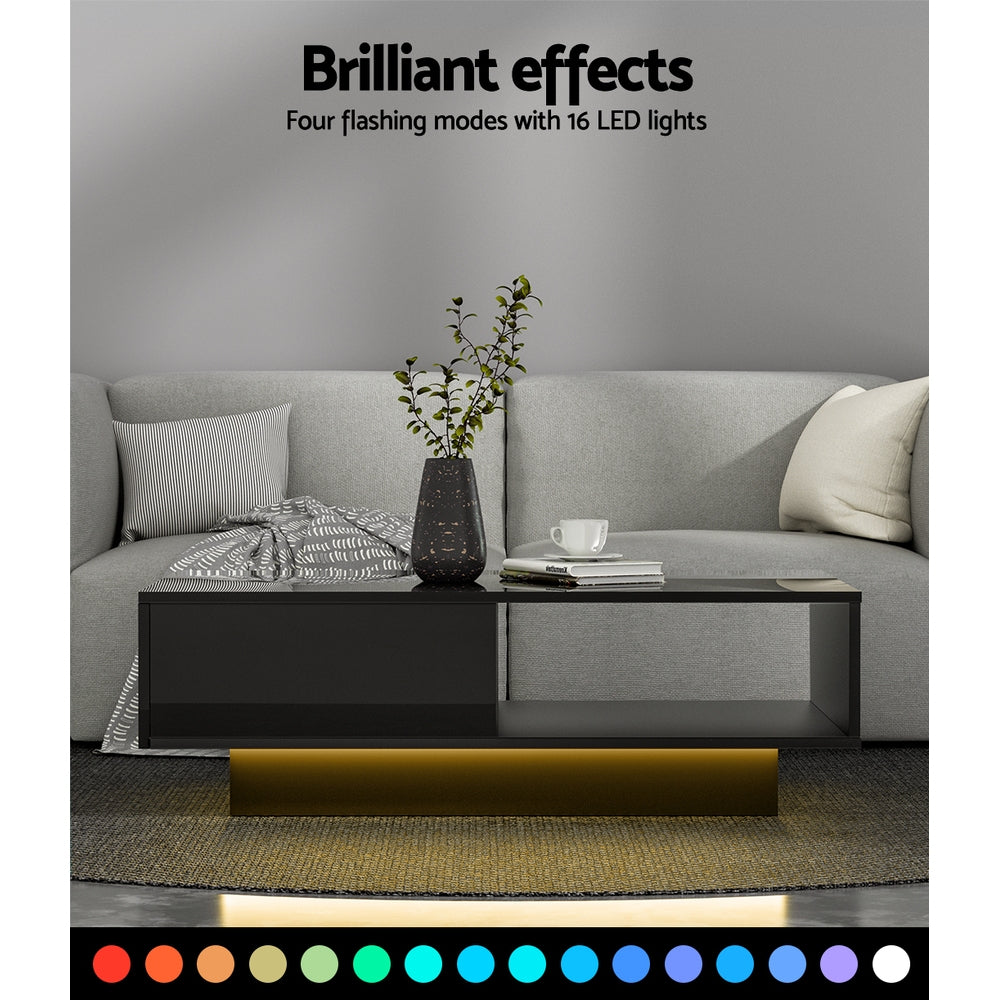 Coffee Table LED Lights High Gloss Storage Drawer Modern Furniture Black - image5