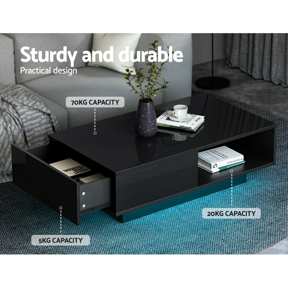 Coffee Table LED Lights High Gloss Storage Drawer Modern Furniture Black - image7