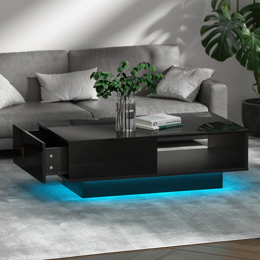 Coffee Table LED Lights High Gloss Storage Drawer Modern Furniture Black - image8