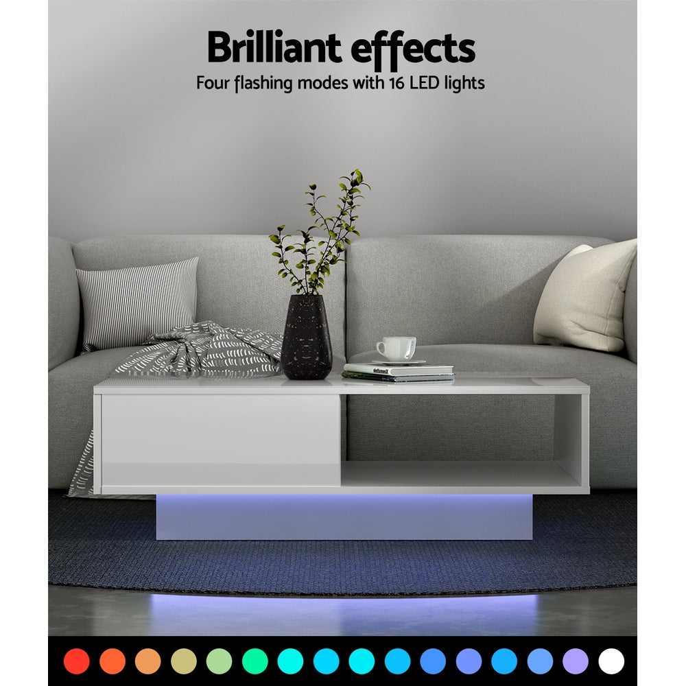 Coffee Table LED Lights High Gloss Storage Drawer Modern Furniture White - image5