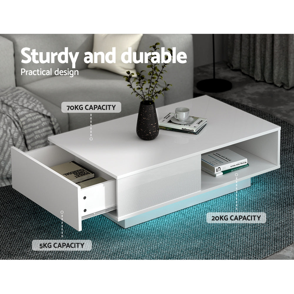 Coffee Table LED Lights High Gloss Storage Drawer Modern Furniture White - image7
