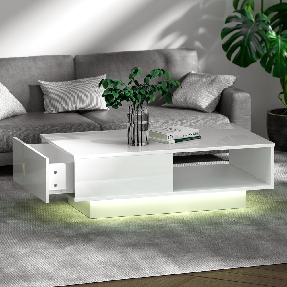 Coffee Table LED Lights High Gloss Storage Drawer Modern Furniture White - image8
