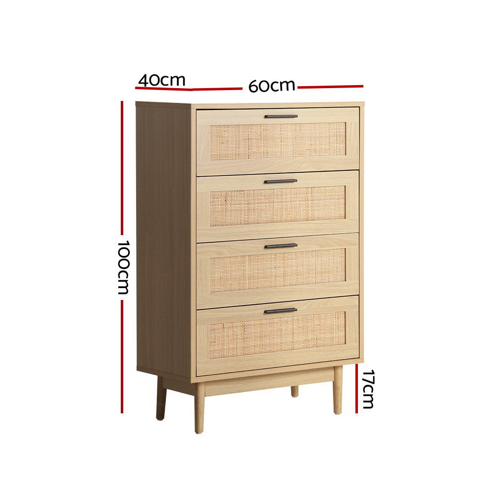 Artiss 4 Chest of Drawers Rattan Tallboy Cabinet Bedroom Clothes Storage Wood - image2