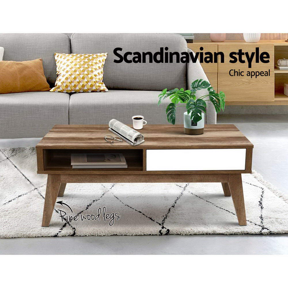 Coffee Table 2 Storage Drawers Open Shelf Scandinavian Wooden White - image3