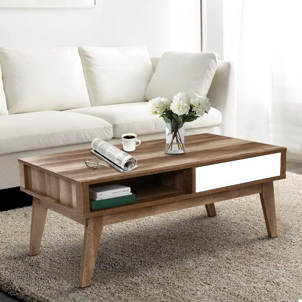 Coffee Table 2 Storage Drawers Open Shelf Scandinavian Wooden White - image7