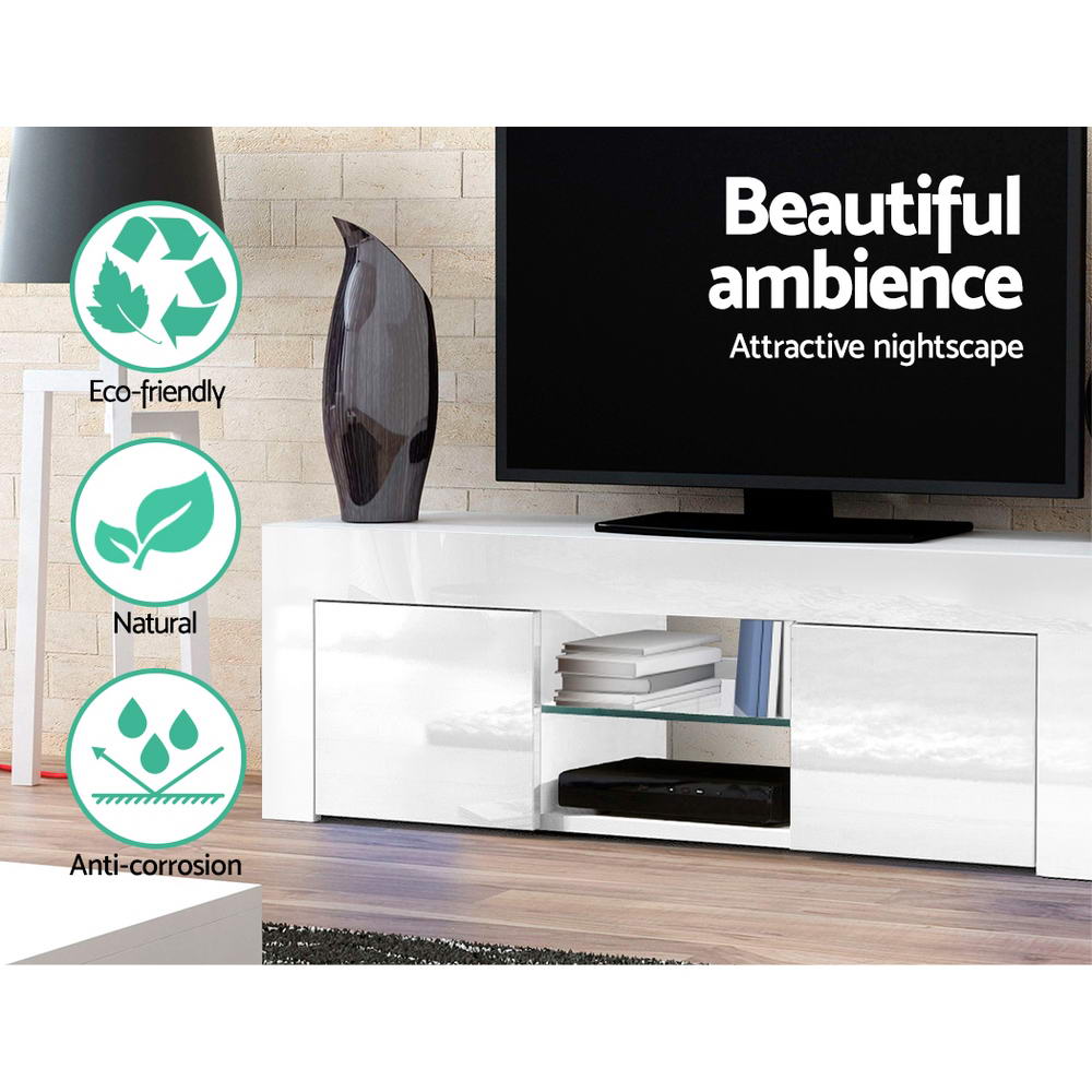 130cm High Gloss TV Stand Entertainment Unit Storage Cabinet Tempered Glass Shelf White - image4