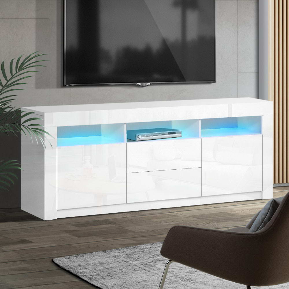 TV Cabinet Entertainment Unit Stand LED Gloss Drawers 160cm White - image7