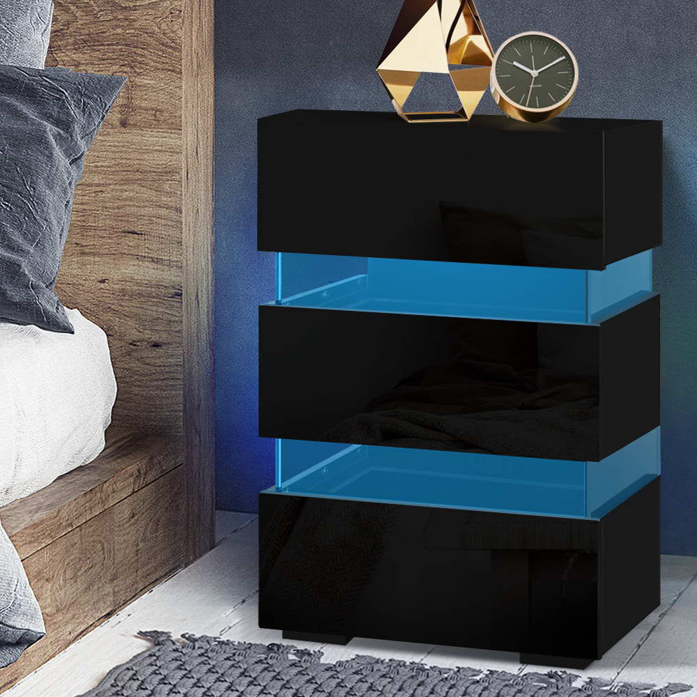 Bedside Table Side Unit RGB LED Lamp 3 Drawers Nightstand Gloss Furniture Black - image7