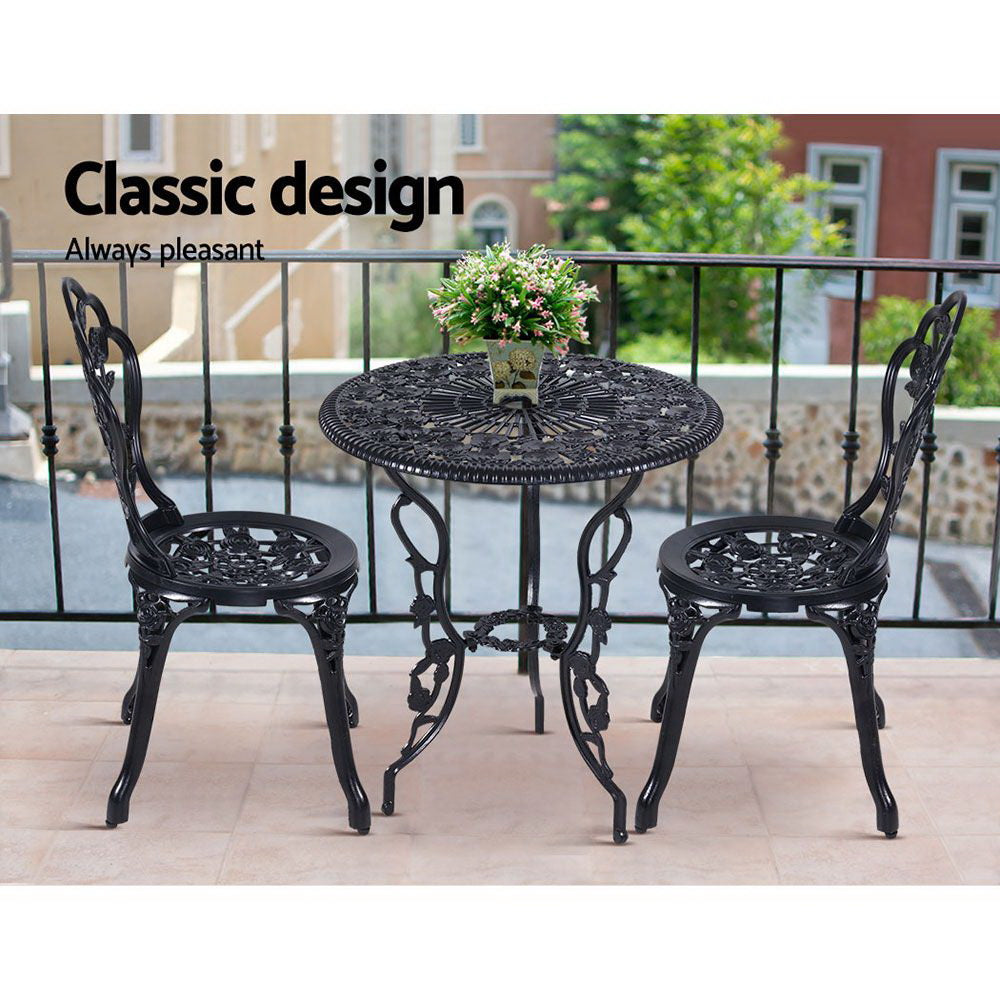 3PC Outdoor Setting Cast Aluminium Bistro Table Chair Patio Black - image9