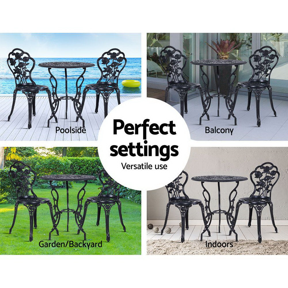 3PC Outdoor Setting Cast Aluminium Bistro Table Chair Patio Black - image10