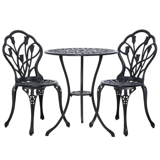 3PC Outdoor Setting Cast Aluminium Bistro Table Chair Patio Black - image1