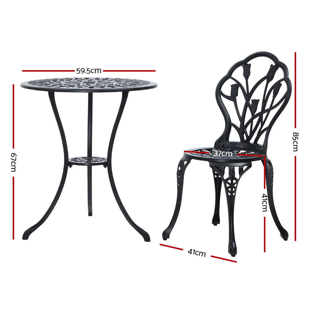 3PC Outdoor Setting Cast Aluminium Bistro Table Chair Patio Black - image2