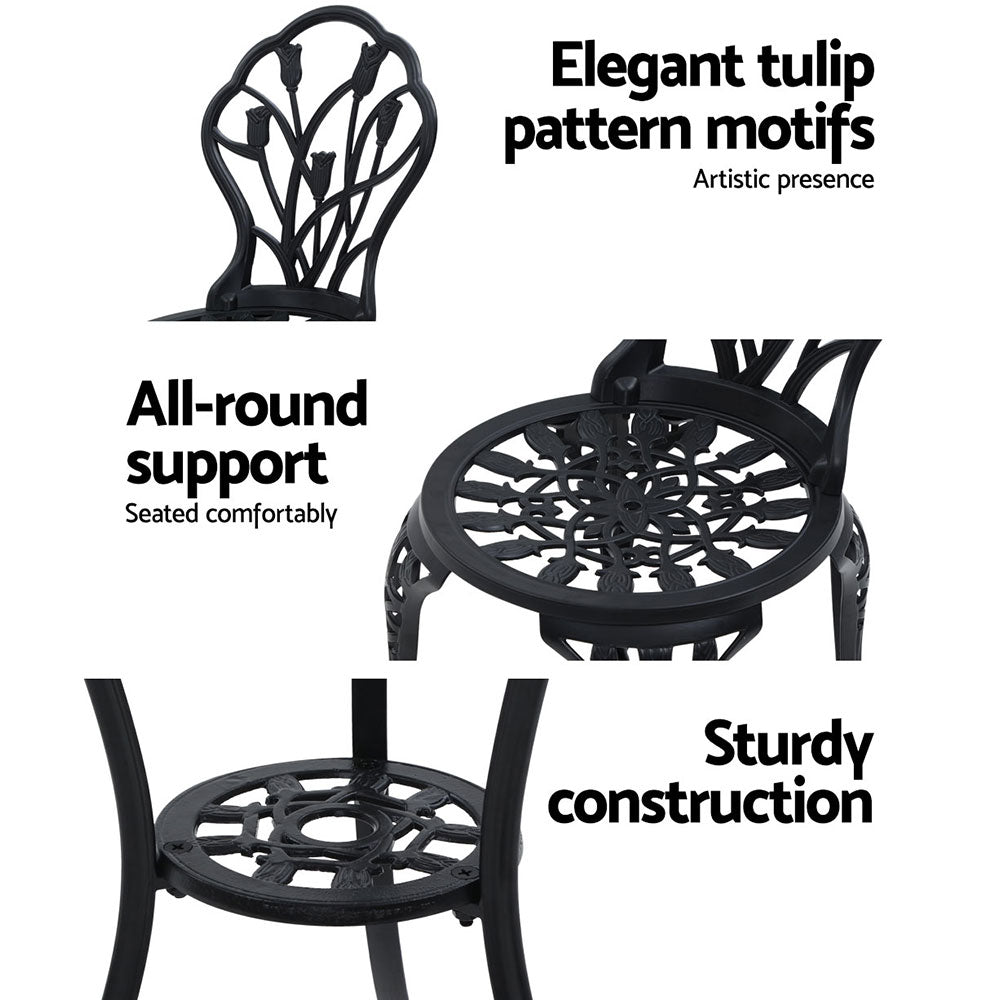 3PC Outdoor Setting Cast Aluminium Bistro Table Chair Patio Black - image4