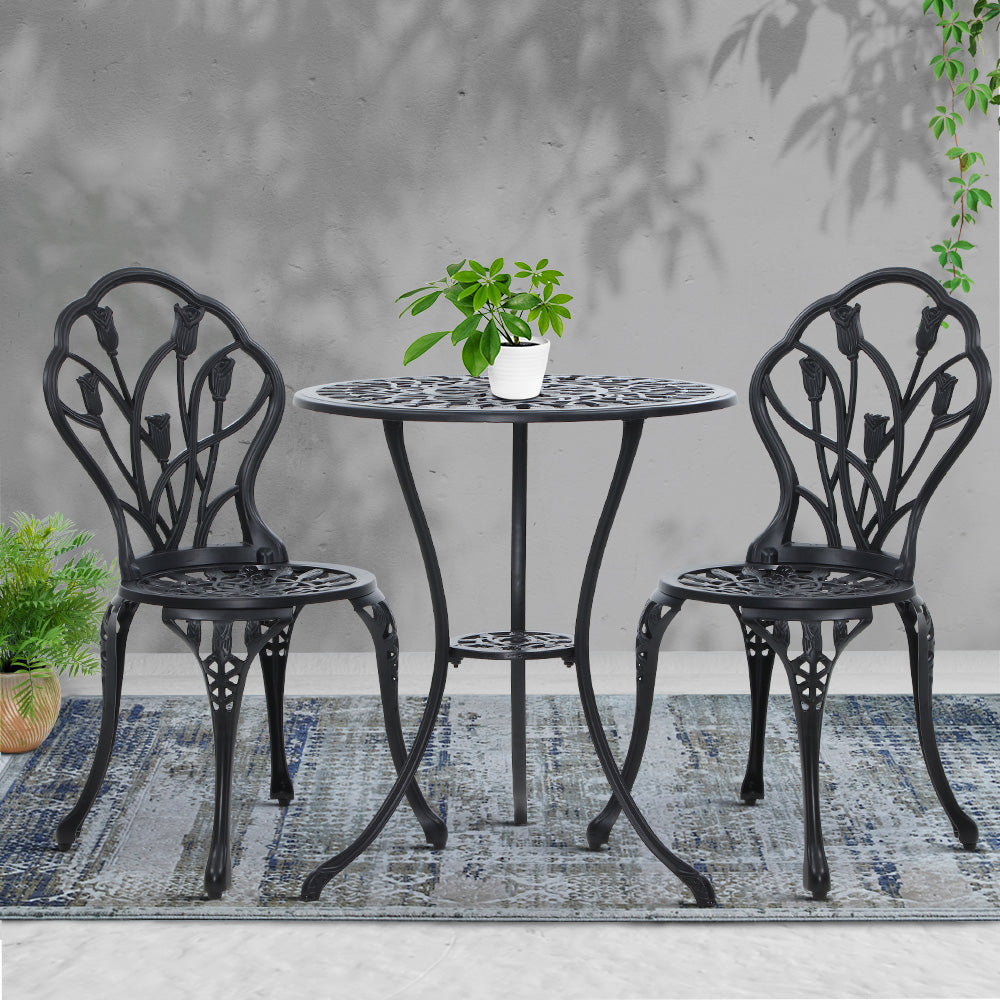 3PC Outdoor Setting Cast Aluminium Bistro Table Chair Patio Black - image7