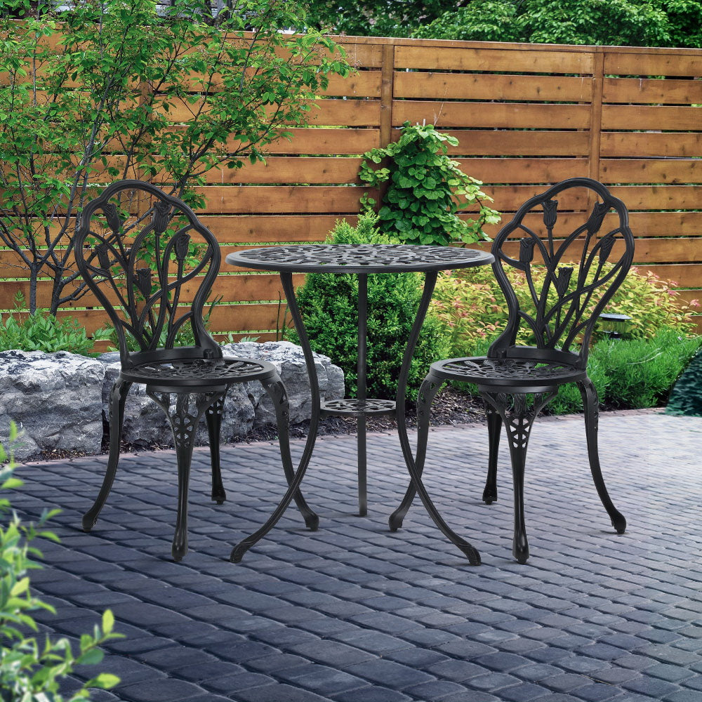 3PC Outdoor Setting Cast Aluminium Bistro Table Chair Patio Black - image8