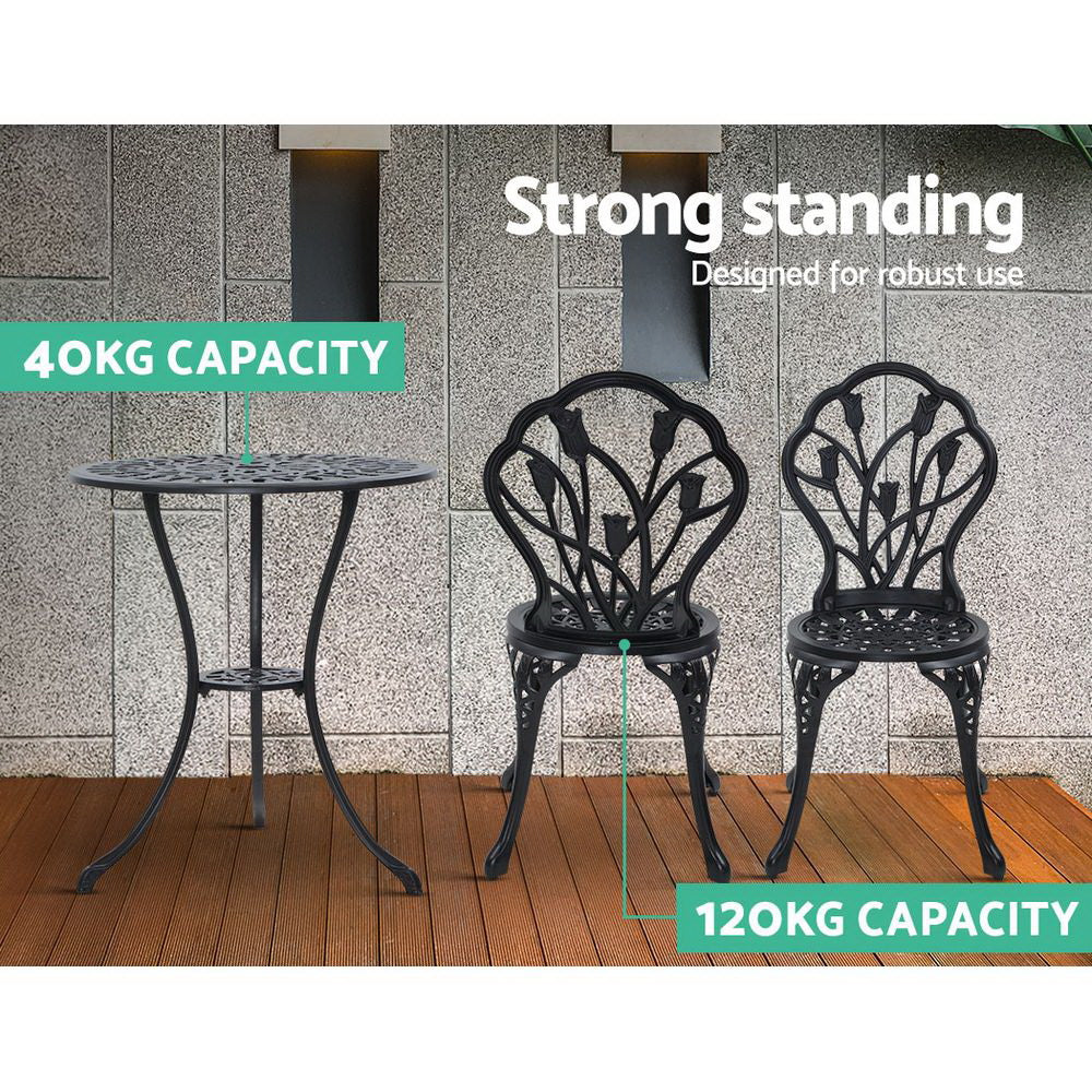 3PC Outdoor Setting Cast Aluminium Bistro Table Chair Patio Black - image10