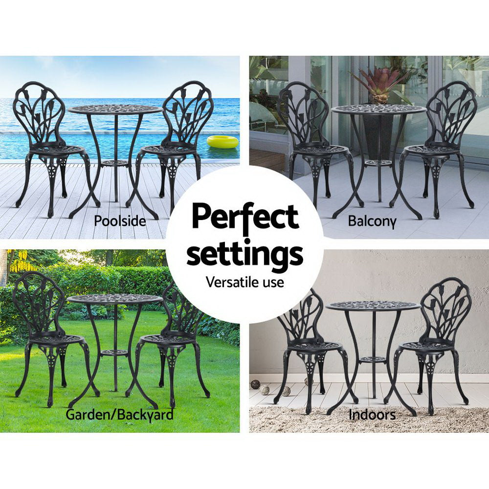 3PC Outdoor Setting Cast Aluminium Bistro Table Chair Patio Black - image12