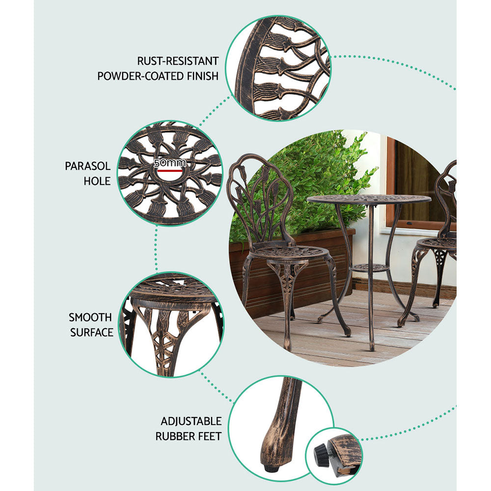 3PC Outdoor Setting Cast Aluminium Bistro Table Chair Patio Bronze - image3
