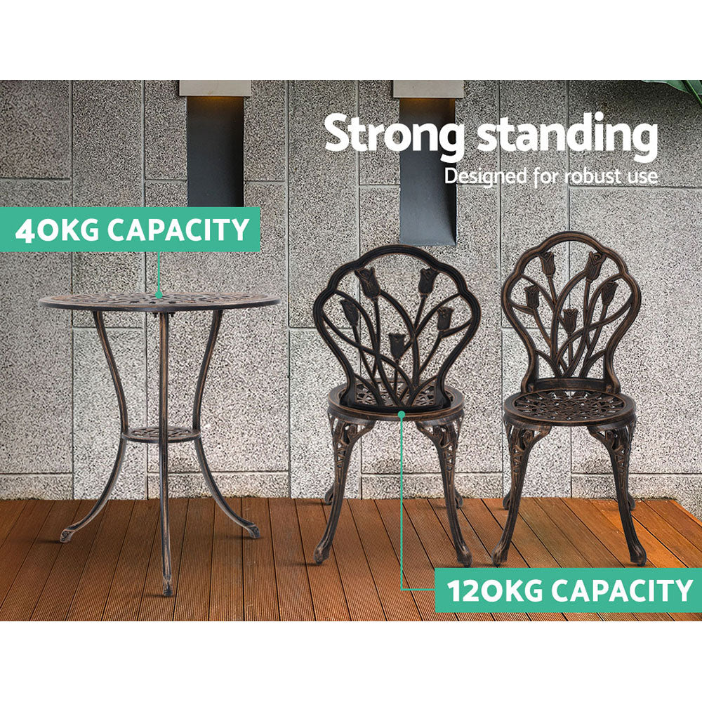 3PC Outdoor Setting Cast Aluminium Bistro Table Chair Patio Bronze - image5