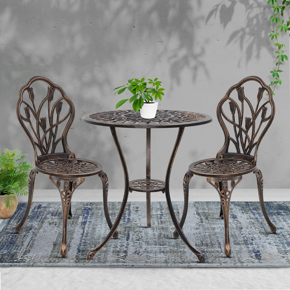 3PC Outdoor Setting Cast Aluminium Bistro Table Chair Patio Bronze - image7