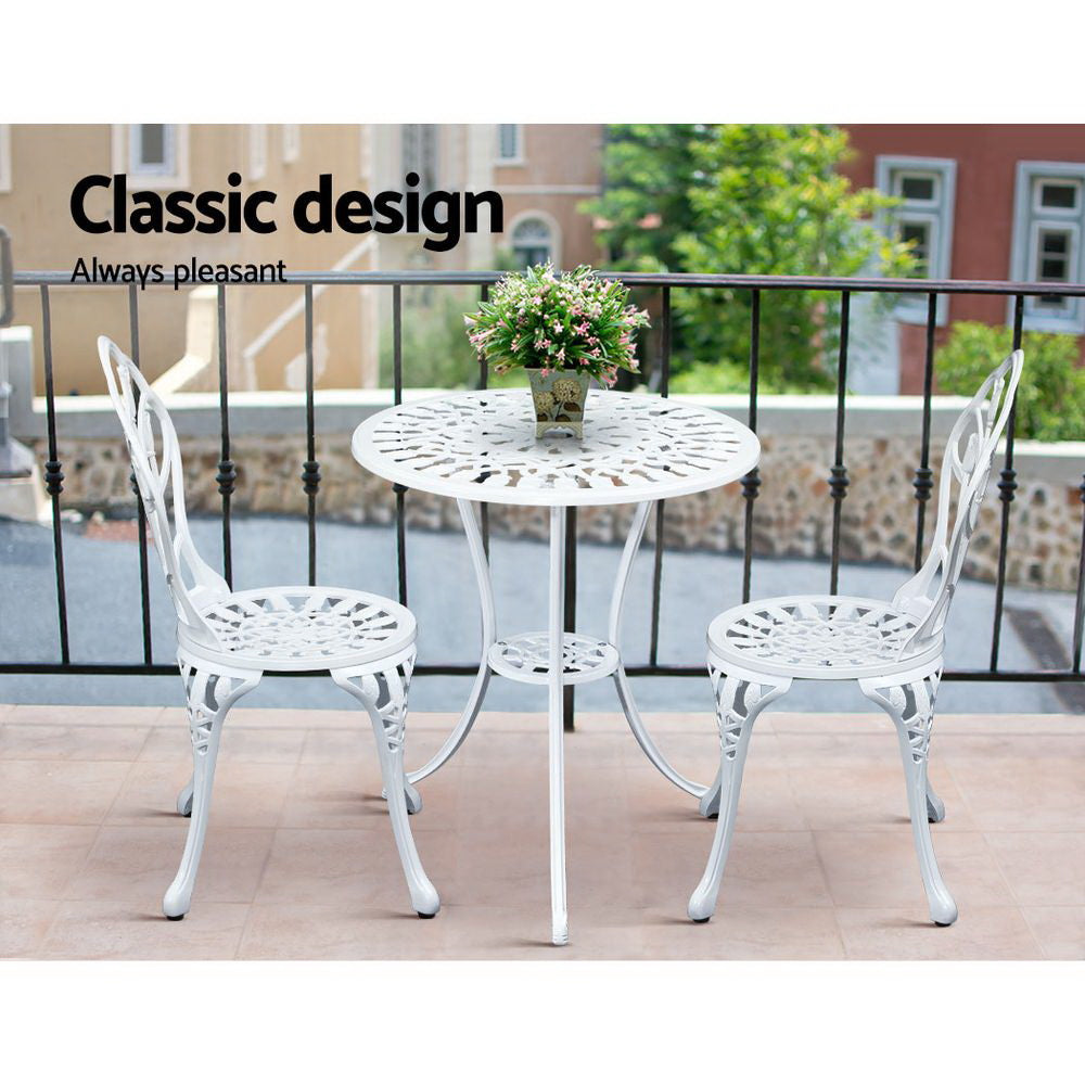 3PC Outdoor Setting Cast Aluminium Bistro Table Chair Patio White - image9