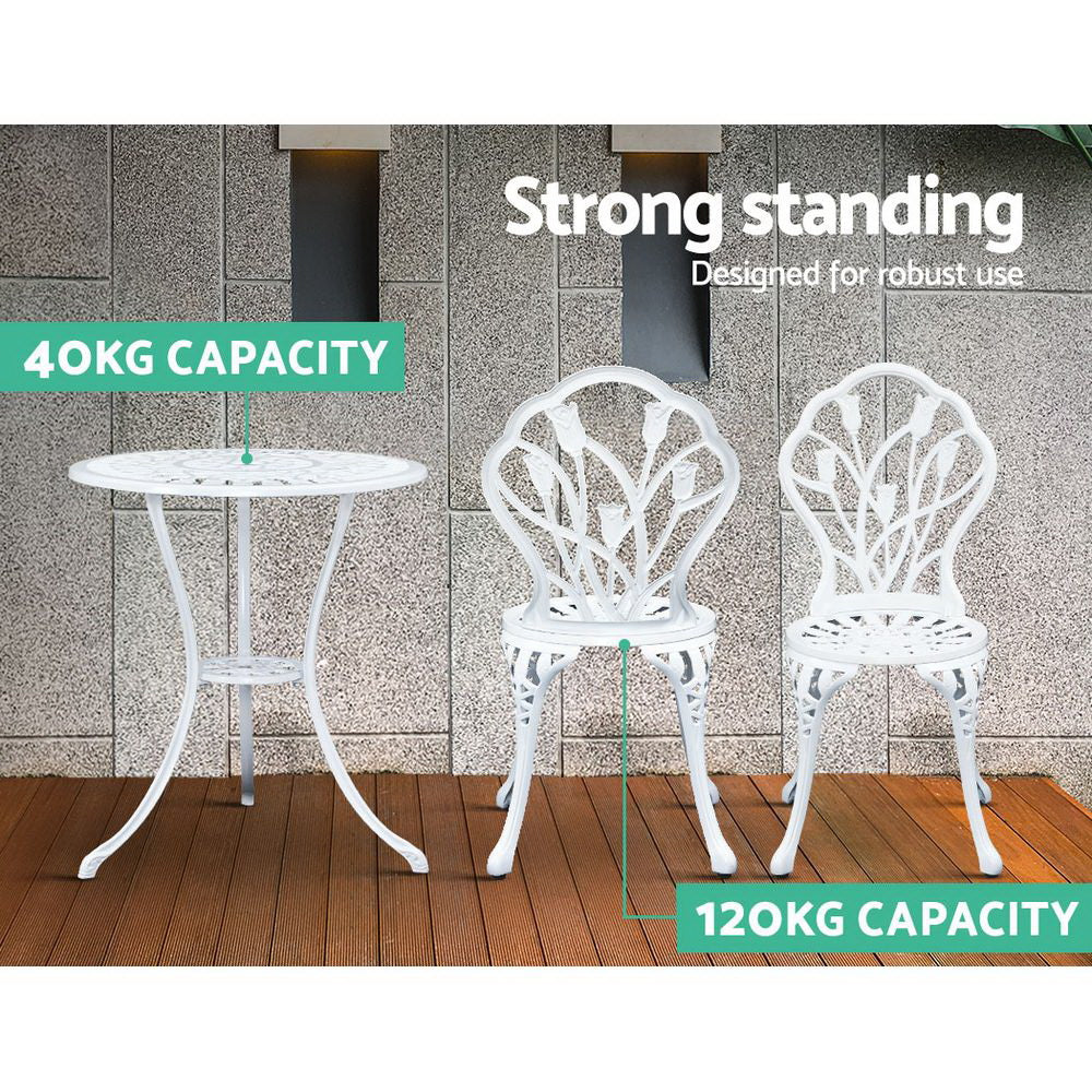 3PC Outdoor Setting Cast Aluminium Bistro Table Chair Patio White - image10