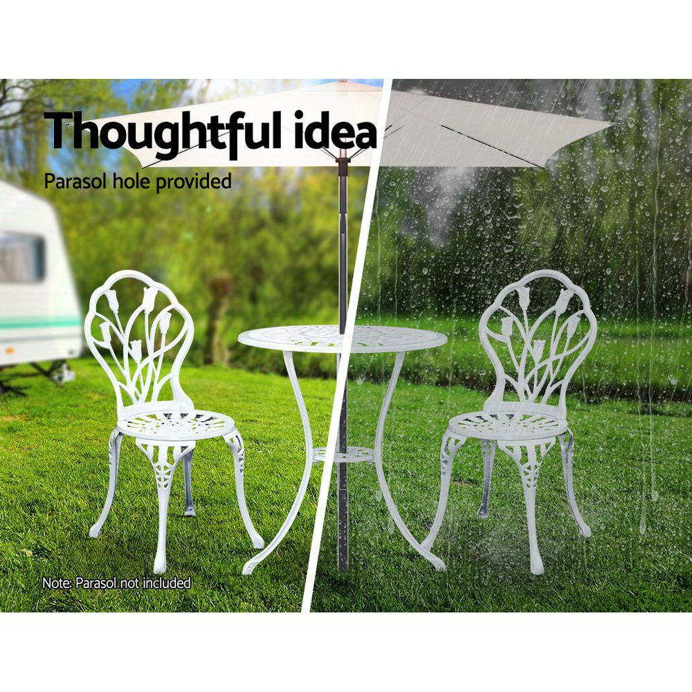 3PC Outdoor Setting Cast Aluminium Bistro Table Chair Patio White - image11