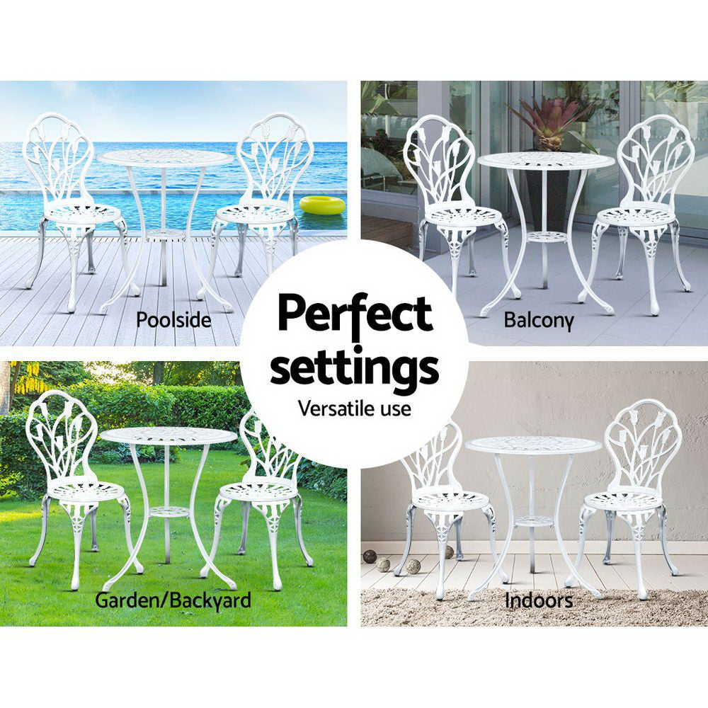 3PC Outdoor Setting Cast Aluminium Bistro Table Chair Patio White - image12