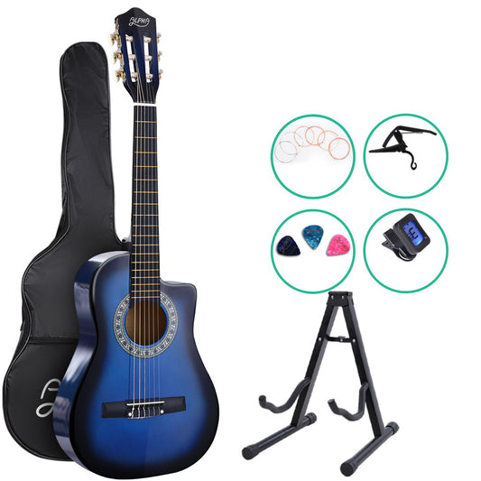 Alpha 34" Inch Guitar Classical Acoustic Cutaway Wooden Ideal Kids Gift Children 1/2 Size Blue with Capo Tuner - image1