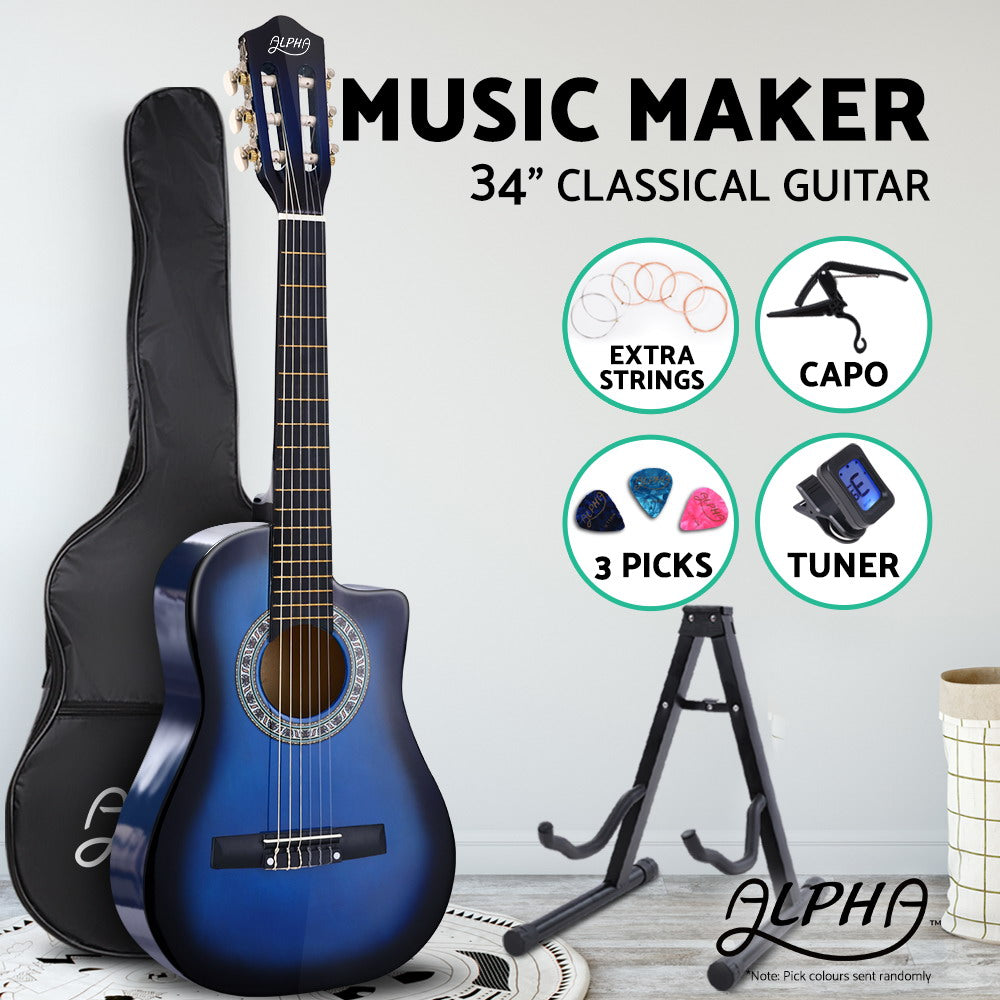 Alpha 34" Inch Guitar Classical Acoustic Cutaway Wooden Ideal Kids Gift Children 1/2 Size Blue with Capo Tuner - image2