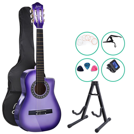 Alpha 34" Inch Guitar Classical Acoustic Cutaway Wooden Ideal Kids Gift Children 1/2 Size Purple with Capo Tuner - image1