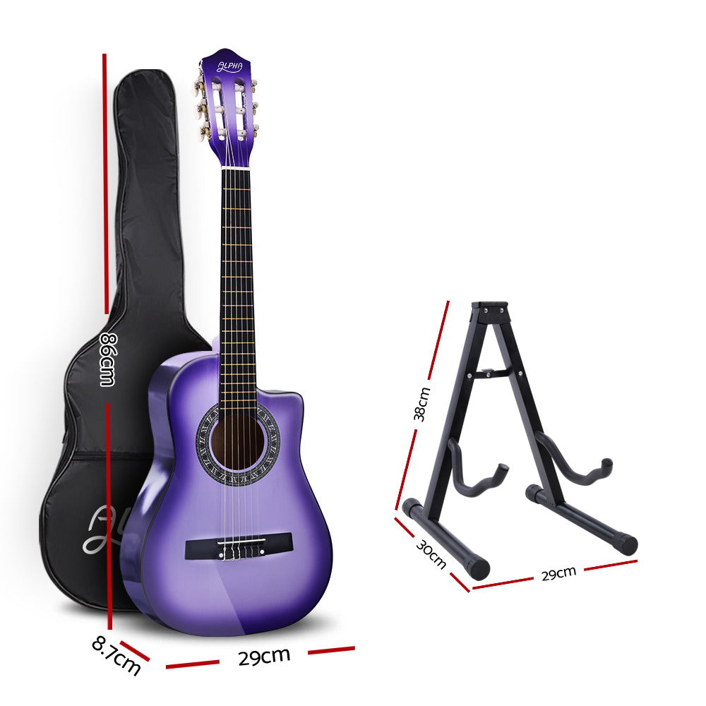 Alpha 34" Inch Guitar Classical Acoustic Cutaway Wooden Ideal Kids Gift Children 1/2 Size Purple with Capo Tuner - image2