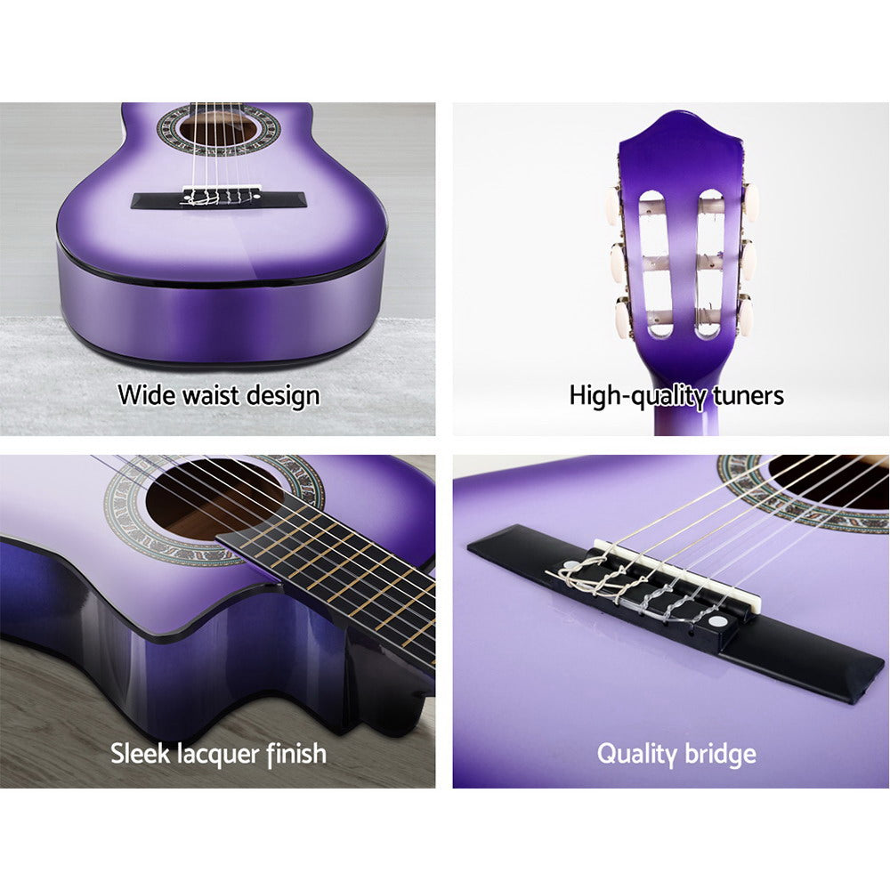 Alpha 34" Inch Guitar Classical Acoustic Cutaway Wooden Ideal Kids Gift Children 1/2 Size Purple with Capo Tuner - image5