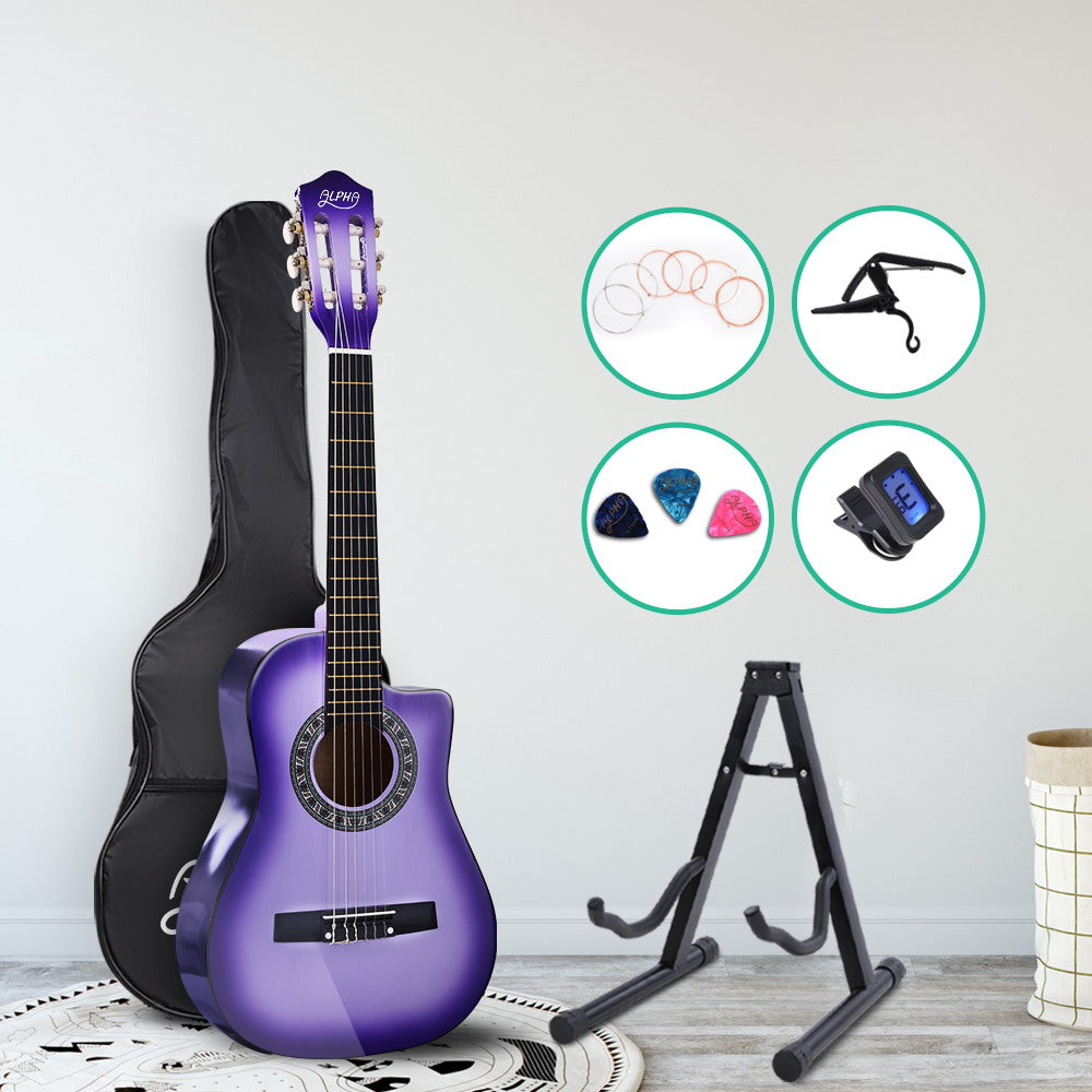 Alpha 34" Inch Guitar Classical Acoustic Cutaway Wooden Ideal Kids Gift Children 1/2 Size Purple with Capo Tuner - image7