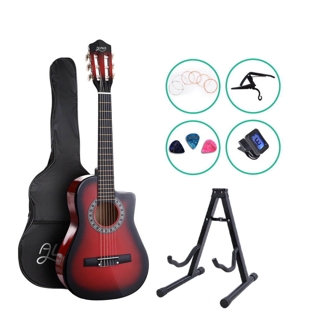 Alpha 34" Inch Guitar Classical Acoustic Cutaway Wooden Ideal Kids Gift Children 1/2 Size Red with Capo Tuner - image1