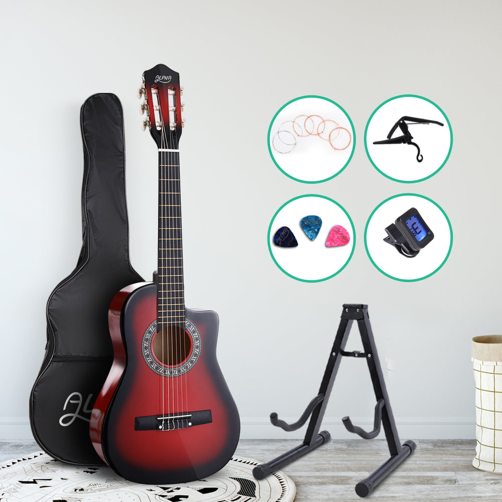 Alpha 34" Inch Guitar Classical Acoustic Cutaway Wooden Ideal Kids Gift Children 1/2 Size Red with Capo Tuner - image7