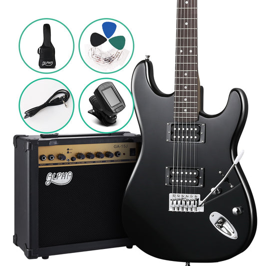 Alpha Electric Guitar And AMP Music String Instrument Rock Black Carry Bag Steel String - image1